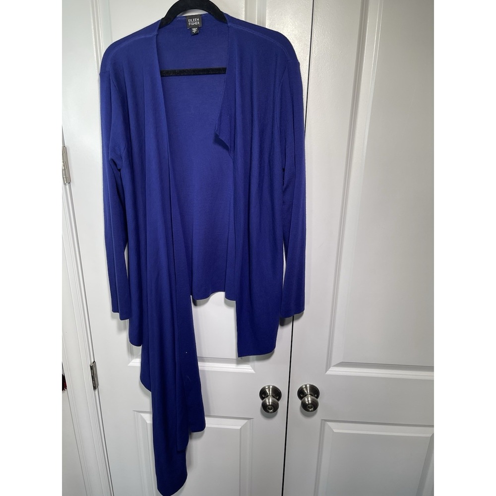 EILEEN FISHER 100% Wool Asymmetrical Hem Open-Front Cardigan Sz L Blue Dramatic